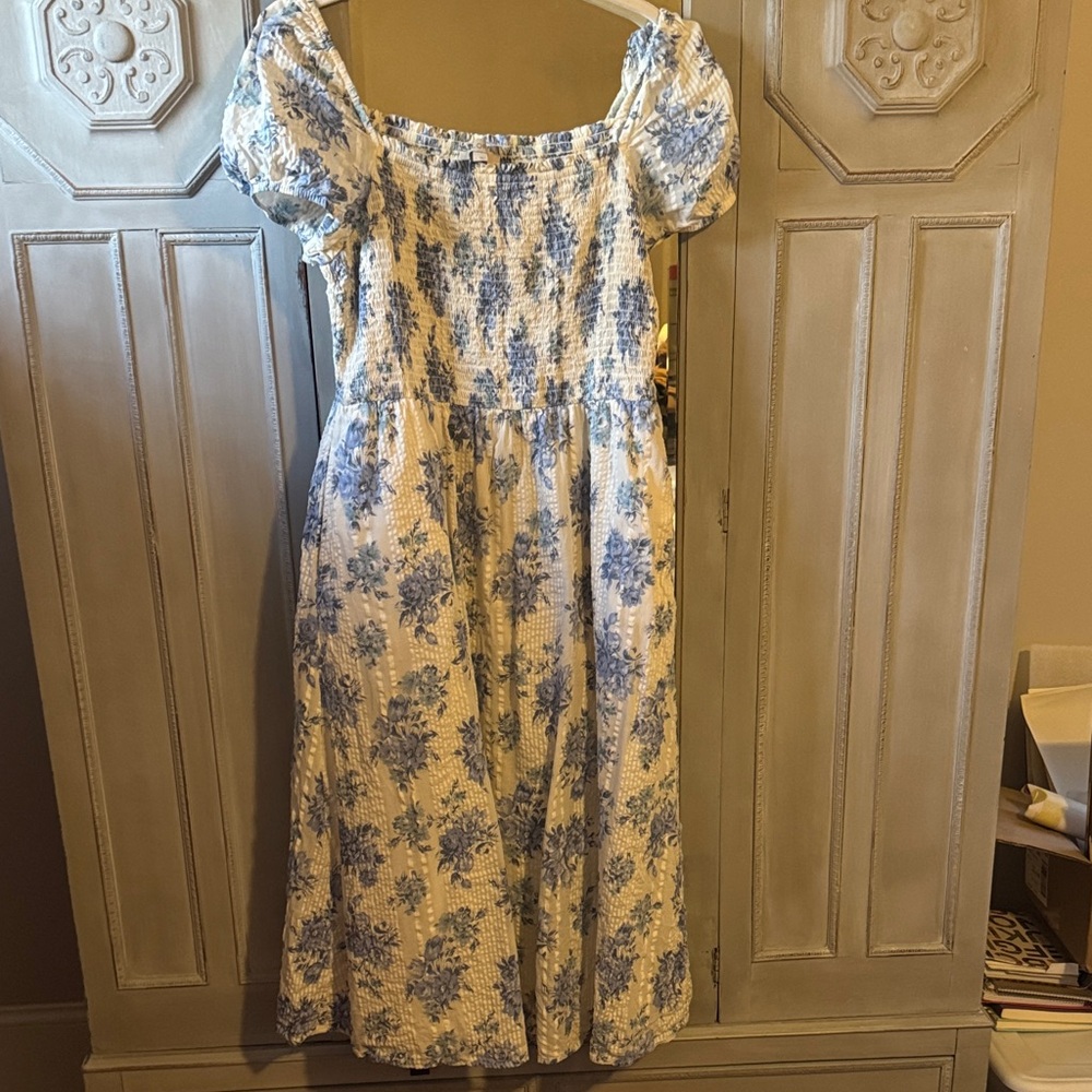 LOFT Blue and White Smocked Dress